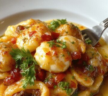 Plato de linguini cubierto con trozos de pollo dorado en salsa de mantequilla vaquera, adornado con perejil picado y acompañada de rodajas de limón, todo presentado en un plato blanco elegante con un fondo cálido y acogedor.