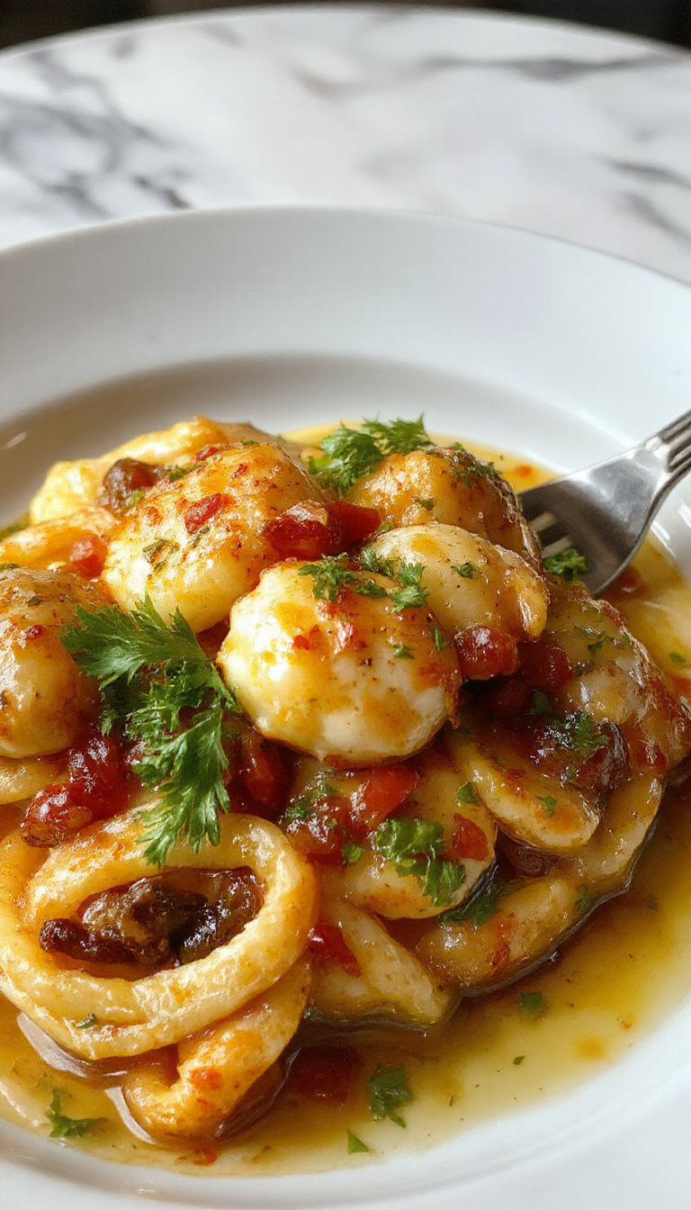 Plato de linguini cubierto con trozos de pollo dorado en salsa de mantequilla vaquera, adornado con perejil picado y acompañada de rodajas de limón, todo presentado en un plato blanco elegante con un fondo cálido y acogedor.