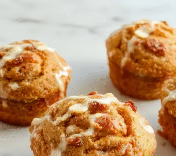 Golden-brown muffins topped with a swirl of cinnamon and pumpkin filling, arranged on a rustic wooden platter with a background of autumn leaves and cinnamon sticks. The muffins' crumb looks moist and tender, with visible specks of pumpkin and cinnamon swirl throughout.
