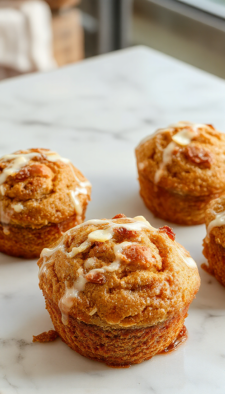 Golden-brown muffins topped with a swirl of cinnamon and pumpkin filling, arranged on a rustic wooden platter with a background of autumn leaves and cinnamon sticks. The muffins' crumb looks moist and tender, with visible specks of pumpkin and cinnamon swirl throughout.