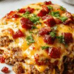 An overhead shot of a baked bacon cheeseburger casserole in a rustic white dish, topped with crispy bacon crumbles, melted cheese, and diced pickles. The casserole has a golden-brown crust with visible layers of seasoned ground beef, cheese, and bacon, garnished with fresh green herbs on a wooden table.