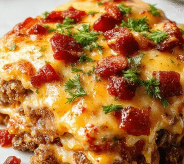An overhead shot of a baked bacon cheeseburger casserole in a rustic white dish, topped with crispy bacon crumbles, melted cheese, and diced pickles. The casserole has a golden-brown crust with visible layers of seasoned ground beef, cheese, and bacon, garnished with fresh green herbs on a wooden table.