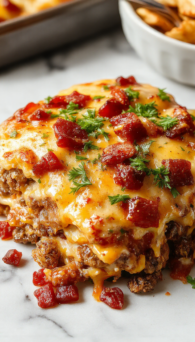An overhead shot of a baked bacon cheeseburger casserole in a rustic white dish, topped with crispy bacon crumbles, melted cheese, and diced pickles. The casserole has a golden-brown crust with visible layers of seasoned ground beef, cheese, and bacon, garnished with fresh green herbs on a wooden table.