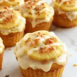 Close-up of golden-brown cupcakes topped with a swirl of cinnamon-spiced apple filling, garnished with a dusting of powdered sugar and cinnamon. The cupcakes are arranged on a rustic wooden tray, with some sliced apple pieces and cinnamon sticks in the background, evoking a cozy autumn atmosphere. The textures of the moist cupcake crumb and glossy apple filling are visually appealing.