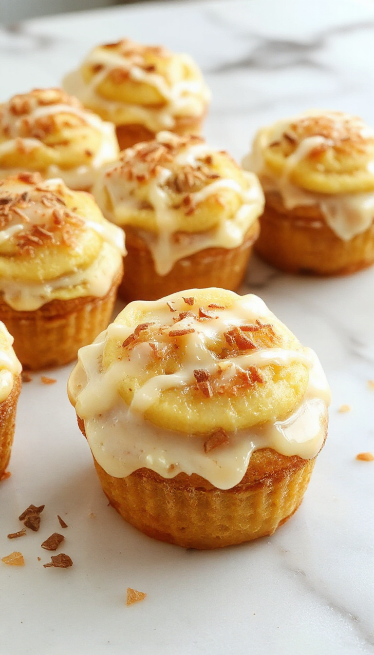 Close-up of golden-brown cupcakes topped with a swirl of cinnamon-spiced apple filling, garnished with a dusting of powdered sugar and cinnamon. The cupcakes are arranged on a rustic wooden tray, with some sliced apple pieces and cinnamon sticks in the background, evoking a cozy autumn atmosphere. The textures of the moist cupcake crumb and glossy apple filling are visually appealing.