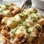 A close-up of a serving of macarrones with creamy cheese sauce topped with slices of tender Philly cheesesteak, garnished with chopped herbs, presented in a rustic bowl with a fork resting beside it. The rich, cheesy pasta contrasts with the savory steak.