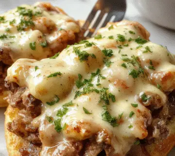 A close-up of a serving of macarrones with creamy cheese sauce topped with slices of tender Philly cheesesteak, garnished with chopped herbs, presented in a rustic bowl with a fork resting beside it. The rich, cheesy pasta contrasts with the savory steak.