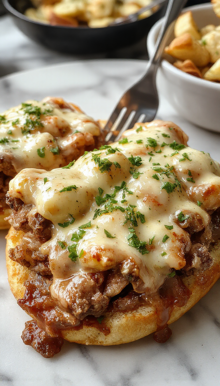A close-up of a serving of macarrones with creamy cheese sauce topped with slices of tender Philly cheesesteak, garnished with chopped herbs, presented in a rustic bowl with a fork resting beside it. The rich, cheesy pasta contrasts with the savory steak.