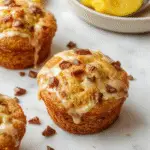 A set of golden-brown pumpkin muffins with a slightly cracked top, some filled with cream cheese swirls and others featuring a crunchy glaze. The muffins are arranged on a rustic wooden platter with a few decorative pumpkin seeds and a sprig of fresh herbs, highlighting their warm, inviting appearance.