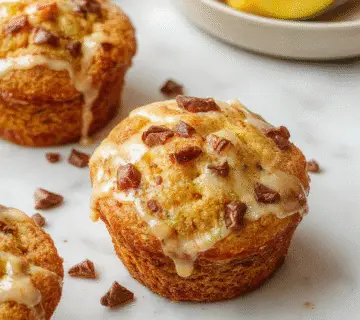 A set of golden-brown pumpkin muffins with a slightly cracked top, some filled with cream cheese swirls and others featuring a crunchy glaze. The muffins are arranged on a rustic wooden platter with a few decorative pumpkin seeds and a sprig of fresh herbs, highlighting their warm, inviting appearance.