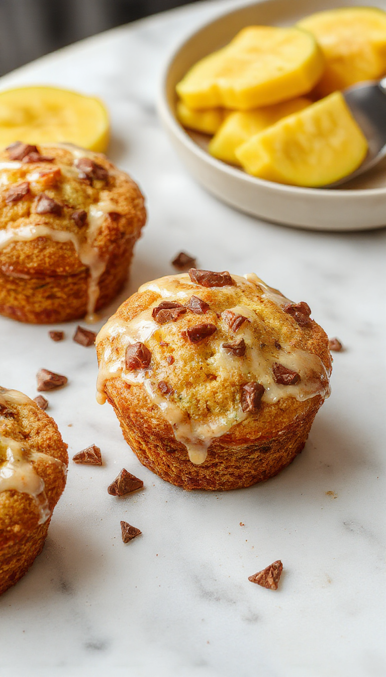 A set of golden-brown pumpkin muffins with a slightly cracked top, some filled with cream cheese swirls and others featuring a crunchy glaze. The muffins are arranged on a rustic wooden platter with a few decorative pumpkin seeds and a sprig of fresh herbs, highlighting their warm, inviting appearance.