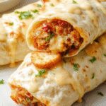 A close-up shot of a freshly prepared Ooey-Gooey Cheesy Garlic Chicken Wrap, showcasing melted cheese oozing out from a golden-brown tortilla filled with seasoned chicken and fragrant garlic, garnished with fresh herbs and sliced vegetables, artistically folded to display its gooey interior.