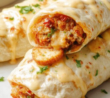 A close-up shot of a freshly prepared Ooey-Gooey Cheesy Garlic Chicken Wrap, showcasing melted cheese oozing out from a golden-brown tortilla filled with seasoned chicken and fragrant garlic, garnished with fresh herbs and sliced vegetables, artistically folded to display its gooey interior.