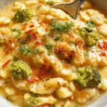 A creamy broccoli and cheddar orzo served in a rustic white bowl, topped with a sprinkle of shredded cheese and fresh herbs. The orzo pasta is coated in a smooth, cheesy sauce, with vibrant green broccoli florets visible throughout. The presentation is inviting, with the bowl placed on a wooden surface accompanied by a fork and a napkin, evoking a cozy, comforting meal.