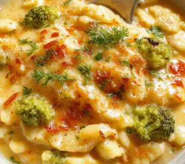 A creamy broccoli and cheddar orzo served in a rustic white bowl, topped with a sprinkle of shredded cheese and fresh herbs. The orzo pasta is coated in a smooth, cheesy sauce, with vibrant green broccoli florets visible throughout. The presentation is inviting, with the bowl placed on a wooden surface accompanied by a fork and a napkin, evoking a cozy, comforting meal.