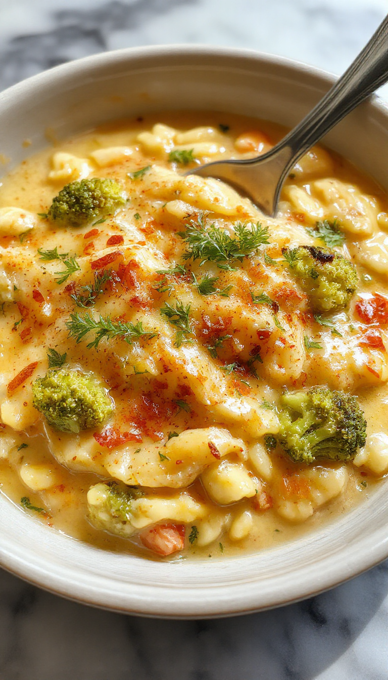A creamy broccoli and cheddar orzo served in a rustic white bowl, topped with a sprinkle of shredded cheese and fresh herbs. The orzo pasta is coated in a smooth, cheesy sauce, with vibrant green broccoli florets visible throughout. The presentation is inviting, with the bowl placed on a wooden surface accompanied by a fork and a napkin, evoking a cozy, comforting meal.