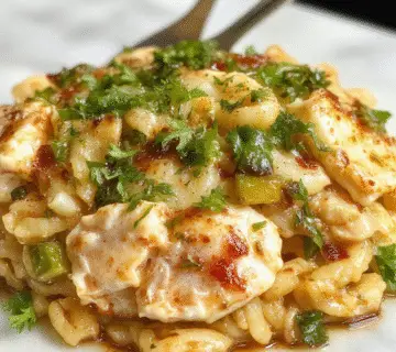 Plato de orzo de pollo balsámico con verduras presentado en un plato grande y redondo, con trozos de pollo dorados cubiertos con glaseado balsámico, rodeados de coloridas verduras como pimientos, espinacas y tomates cherry, todo en una presentación apetitosa y bien equilibrada con un toque rústico