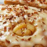 A close-up of a freshly glazed apple cider spice donut topped with a drizzle of cinnamon sugar mixture. The donut's golden-brown surface is slightly textured, with visible specks of cinnamon and sugar. It rests on a rustic wooden plate, with a sprinkle of cinnamon and sugar around it, set against a warm, cozy background that evokes autumn ambiance.
