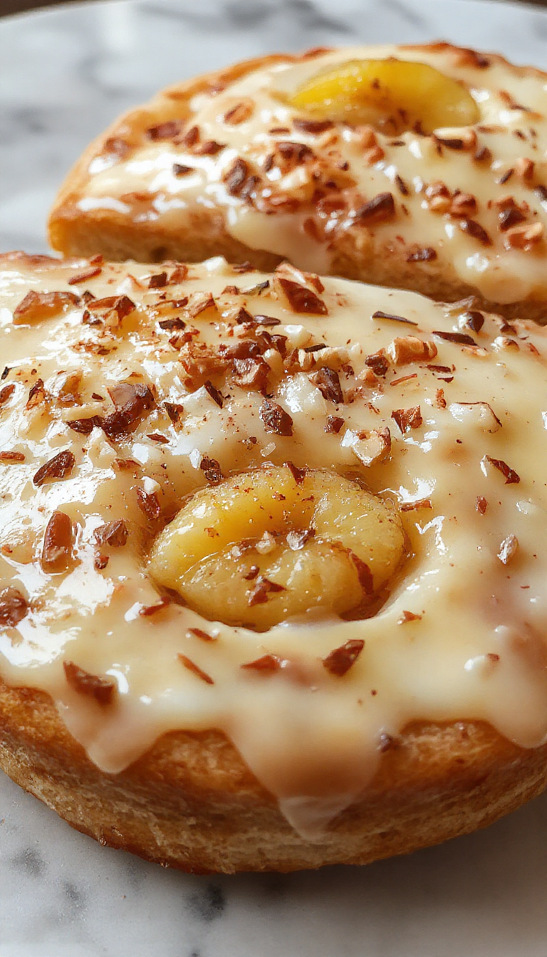 A close-up of a freshly glazed apple cider spice donut topped with a drizzle of cinnamon sugar mixture. The donut's golden-brown surface is slightly textured, with visible specks of cinnamon and sugar. It rests on a rustic wooden plate, with a sprinkle of cinnamon and sugar around it, set against a warm, cozy background that evokes autumn ambiance.