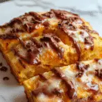 Un rústico pan de calabaza con chocolate húmedo y en rebanadas, decorado con chispas de chocolate y pedazos de calabaza visible. La textura del pan es densa y esponjosa, con una corteza dorada y brillante, las rebanadas muestran un interior húmedo y lleno de trozos de chocolate derretido, presentado en un plato elegante sobre una mesa de madera.
