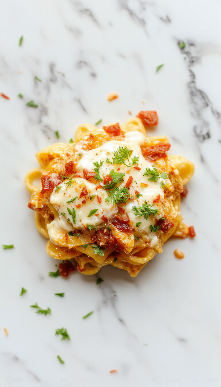 Un plato hondo de pasta cremosa con trozos de pollo dorado, crujiente tocino y un toque de hierbas verdes, todo cubierto con una salsa blanca suave y apetitosa, presentado sobre un fondo neutro con algunos ingredientes dispersos