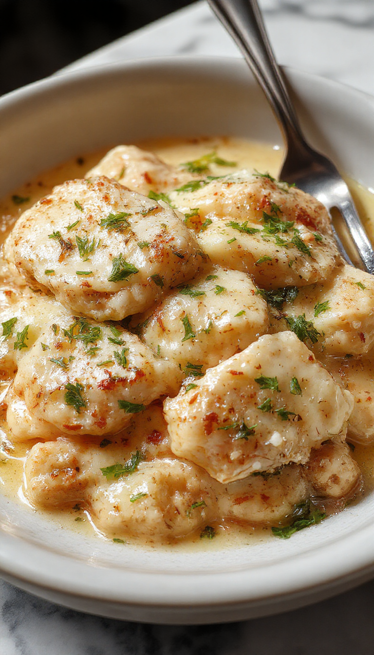 A close-up of a creamy pasta dish served in a white bowl. The pasta is coated in a rich, velvety sauce with tender shredded chicken pieces, topped with freshly grated Parmesan cheese and a sprinkle of chopped parsley. The background features a rustic wooden table with a garlic clove and a bottle of olive oil, emphasizing the savory ingredients.