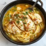 Plato de pasta de pollo con ajo y parmesano en un bowl blanco, cubierto con queso parmesano rallado, trozos de pollo dorados, y una salsa cremosa con perejil fresco. La presentación resalta en un fondo rústico, con un toque de ajo picado y hierbas frescas, creando una apariencia apetitosa y reconfortante.