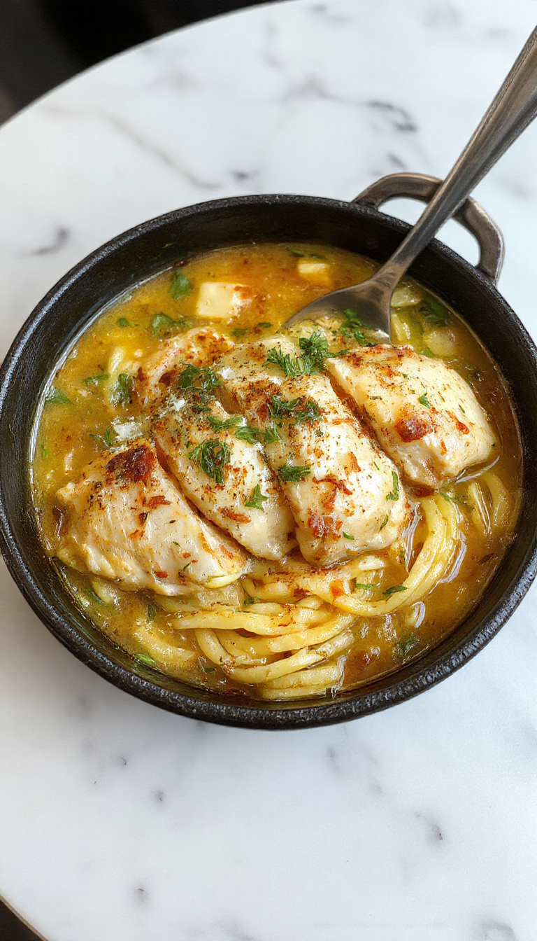 Plato de pasta de pollo con ajo y parmesano en un bowl blanco, cubierto con queso parmesano rallado, trozos de pollo dorados, y una salsa cremosa con perejil fresco. La presentación resalta en un fondo rústico, con un toque de ajo picado y hierbas frescas, creando una apariencia apetitosa y reconfortante.