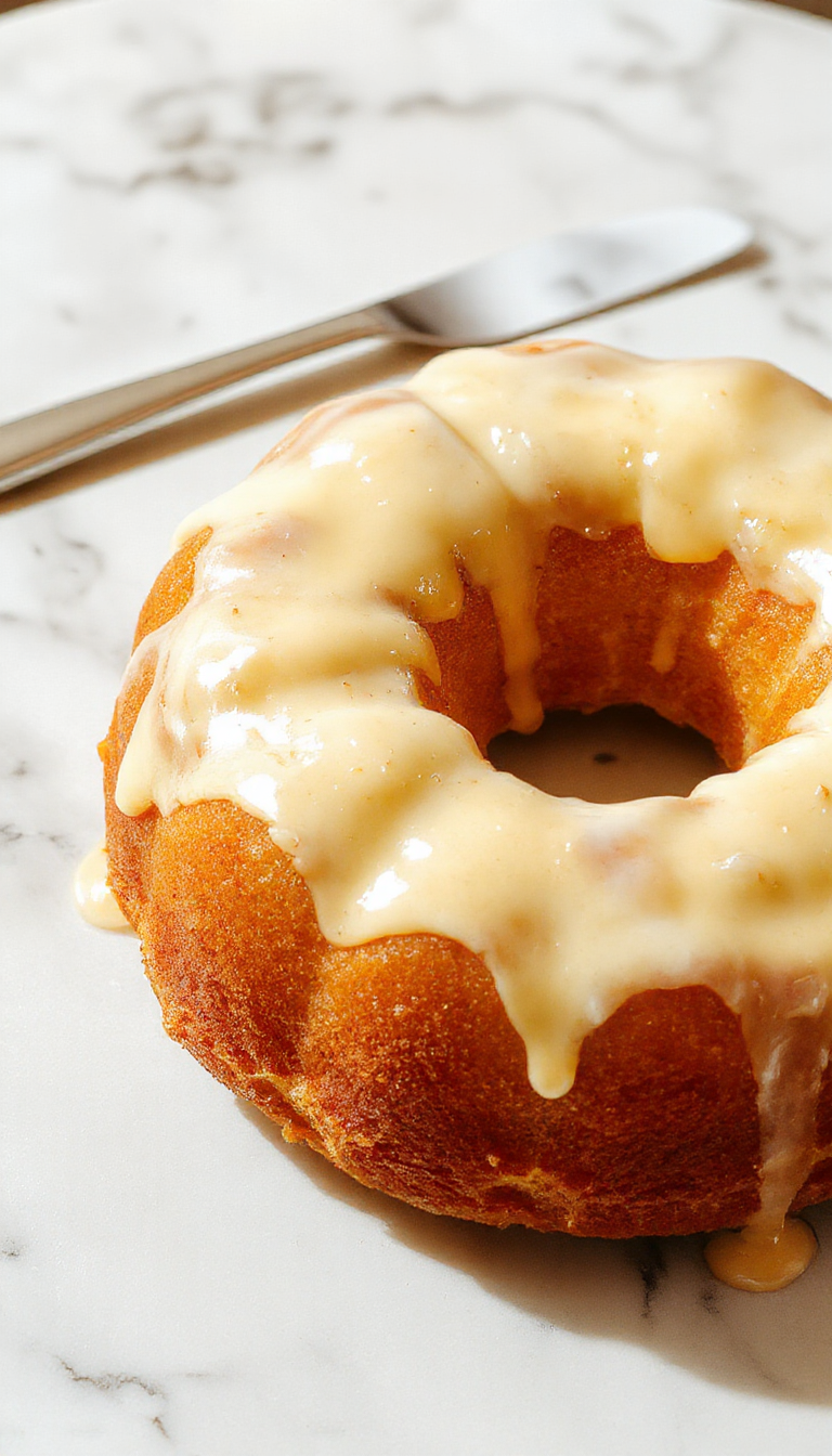 Un hermoso pastel Bundt de calabaza de color naranja vibrante con una textura suave, decorado con especias y una pizca de azúcar glas en la parte superior. El pastel está en una bandeja de pastel moderna con un fondo neutro, resaltando su presentación apetecible y otoñal.