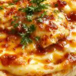 A rustic, golden-brown chicken pie served in a deep dish, topped with a flaky crust and garnished with fresh herbs. The pie reveals tender chicken and vegetables inside, surrounded by a rich gravy, all presented on a wooden table with steam rising, emphasizing warmth and comfort.