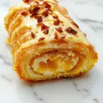 A close-up of a sliced pumpkin spice roll cake, showcasing its moist, cinnamon-spiced swirl with a creamy filling, placed on a rustic wooden board. The cake's rich orange-brown exterior contrasts beautifully with the light, swirled interior, topped with a dusting of powdered sugar and a drizzle of caramel.