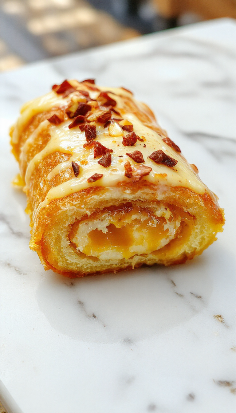 A close-up of a sliced pumpkin spice roll cake, showcasing its moist, cinnamon-spiced swirl with a creamy filling, placed on a rustic wooden board. The cake's rich orange-brown exterior contrasts beautifully with the light, swirled interior, topped with a dusting of powdered sugar and a drizzle of caramel.