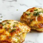 Un pastel de carne de pollo dorado y crujiente en un plato rectangular, decorado con ramitas de perejil fresco, acompañado de rodajas de limón y una salsa suave al lado. La superficie muestra un acabado tostado con vetas de parmesano derretido y trozos de ajo visible en la corteza, presentado sobre un fondo de madera rústica con utensilios de cocina al estilo campestre.
