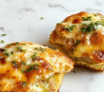 Un pastel de carne de pollo dorado y crujiente en un plato rectangular, decorado con ramitas de perejil fresco, acompañado de rodajas de limón y una salsa suave al lado. La superficie muestra un acabado tostado con vetas de parmesano derretido y trozos de ajo visible en la corteza, presentado sobre un fondo de madera rústica con utensilios de cocina al estilo campestre.