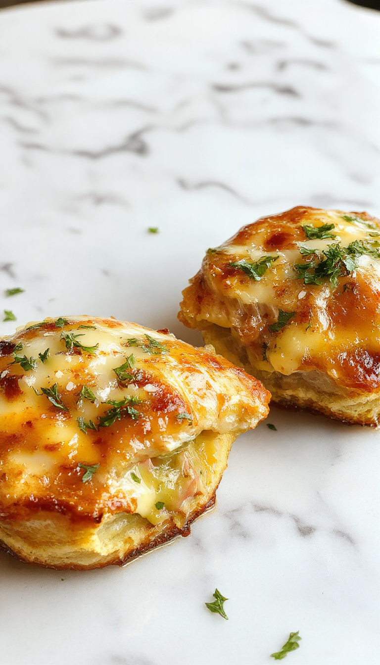 Un pastel de carne de pollo dorado y crujiente en un plato rectangular, decorado con ramitas de perejil fresco, acompañado de rodajas de limón y una salsa suave al lado. La superficie muestra un acabado tostado con vetas de parmesano derretido y trozos de ajo visible en la corteza, presentado sobre un fondo de madera rústica con utensilios de cocina al estilo campestre.