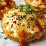 A golden-brown baked potato split open and filled with a savory mixture of seasoned ground beef and vegetables, topped with melted cheese and fresh herbs. The potato skin is crisp, and the filling is steaming and flavorful, presented on a rustic plate with a hint of garnish in the background.