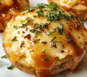 A golden-brown baked potato split open and filled with a savory mixture of seasoned ground beef and vegetables, topped with melted cheese and fresh herbs. The potato skin is crisp, and the filling is steaming and flavorful, presented on a rustic plate with a hint of garnish in the background.