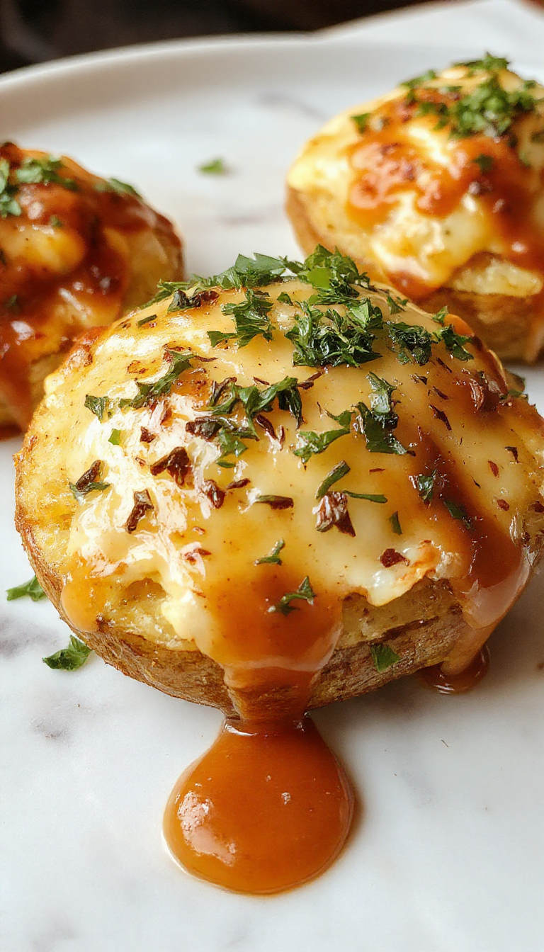 A golden-brown baked potato split open and filled with a savory mixture of seasoned ground beef and vegetables, topped with melted cheese and fresh herbs. The potato skin is crisp, and the filling is steaming and flavorful, presented on a rustic plate with a hint of garnish in the background.