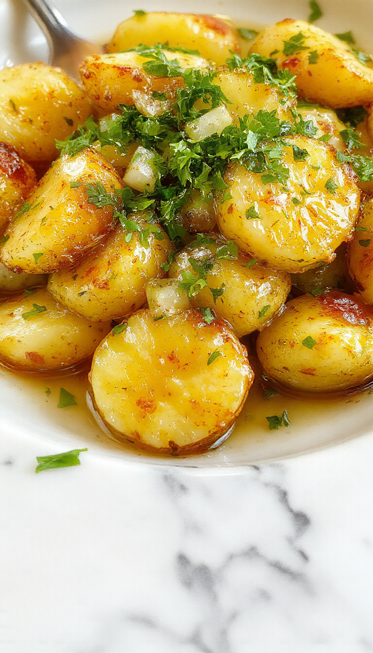 A close-up of golden-brown roasted potatoes with caramelized onion slices on top, served in a rustic ceramic dish. The potatoes are crispy on the outside with a soft interior, garnished with fresh herbs, and presented against a warm, inviting background that emphasizes comfort food.