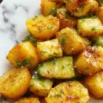 A rustic baking tray filled with golden-brown roasted potatoes, sliced carrots, and zucchini, garnished with fresh herbs and garlic cloves, showcasing vibrant orange, green, and earthy tones, with a crispy textured surface.