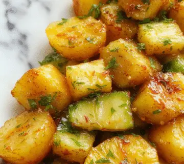 A rustic baking tray filled with golden-brown roasted potatoes, sliced carrots, and zucchini, garnished with fresh herbs and garlic cloves, showcasing vibrant orange, green, and earthy tones, with a crispy textured surface.
