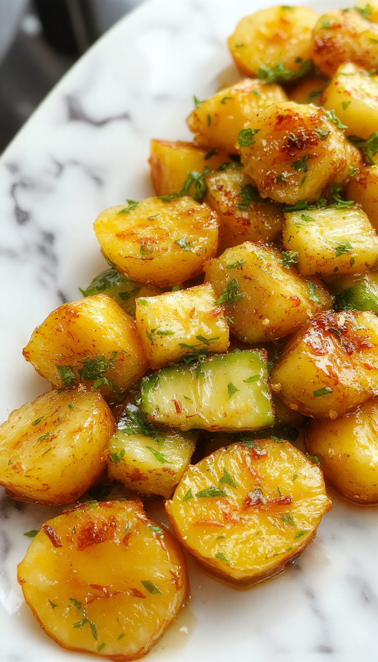 A rustic baking tray filled with golden-brown roasted potatoes, sliced carrots, and zucchini, garnished with fresh herbs and garlic cloves, showcasing vibrant orange, green, and earthy tones, with a crispy textured surface.