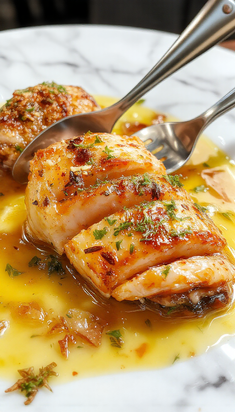 A tender, golden-brown turkey breast cooked in a slow cooker, sliced to reveal juicy, moist interior with glistening juices. The dish is plated on a rustic wooden surface with fresh herbs sprinkled on top, accompanied by vegetables and a side of gravy. The texture appears succulent and perfectly cooked, with a slightly crispy exterior contrasting the tender interior.