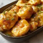 Plato de pechugas de pollo cubiertas con miel y ajo, glaseadas y doradas, adornadas con toques de cebollino y acompañadas de rodajas de ajo y un toque de miel, presentado en un plato blanco con un fondo oscuro que resalta los colores dorados y brillantes de la carne y la salsa.