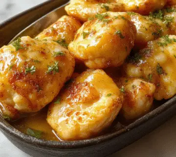 Plato de pechugas de pollo cubiertas con miel y ajo, glaseadas y doradas, adornadas con toques de cebollino y acompañadas de rodajas de ajo y un toque de miel, presentado en un plato blanco con un fondo oscuro que resalta los colores dorados y brillantes de la carne y la salsa.