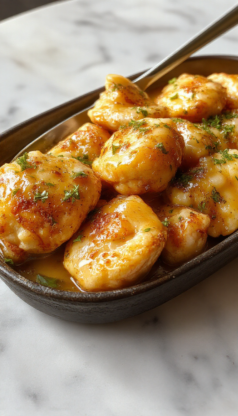 Plato de pechugas de pollo cubiertas con miel y ajo, glaseadas y doradas, adornadas con toques de cebollino y acompañadas de rodajas de ajo y un toque de miel, presentado en un plato blanco con un fondo oscuro que resalta los colores dorados y brillantes de la carne y la salsa.
