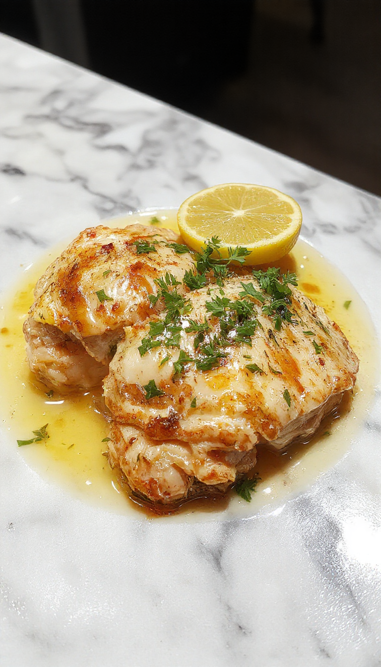 Un plato de pollo piccata con jugoso pollo dorado cubierto con una salsa brillante de limón, decorado con rodajas de limón y perejil fresco, presentado en un plato blanco elegante con una salsa ligeramente espesa y glaseada.