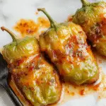 Pimientos rellenos en una olla de cocción lenta, con pimientos rojos y verdes rellenos de carne y queso, presentados en un plato redondo con hierbas frescas encima, con una textura jugosa y tostada por fuera