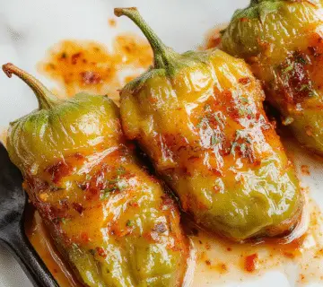Pimientos rellenos en una olla de cocción lenta, con pimientos rojos y verdes rellenos de carne y queso, presentados en un plato redondo con hierbas frescas encima, con una textura jugosa y tostada por fuera