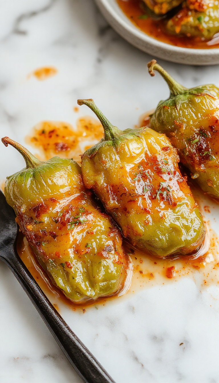 Pimientos rellenos en una olla de cocción lenta, con pimientos rojos y verdes rellenos de carne y queso, presentados en un plato redondo con hierbas frescas encima, con una textura jugosa y tostada por fuera